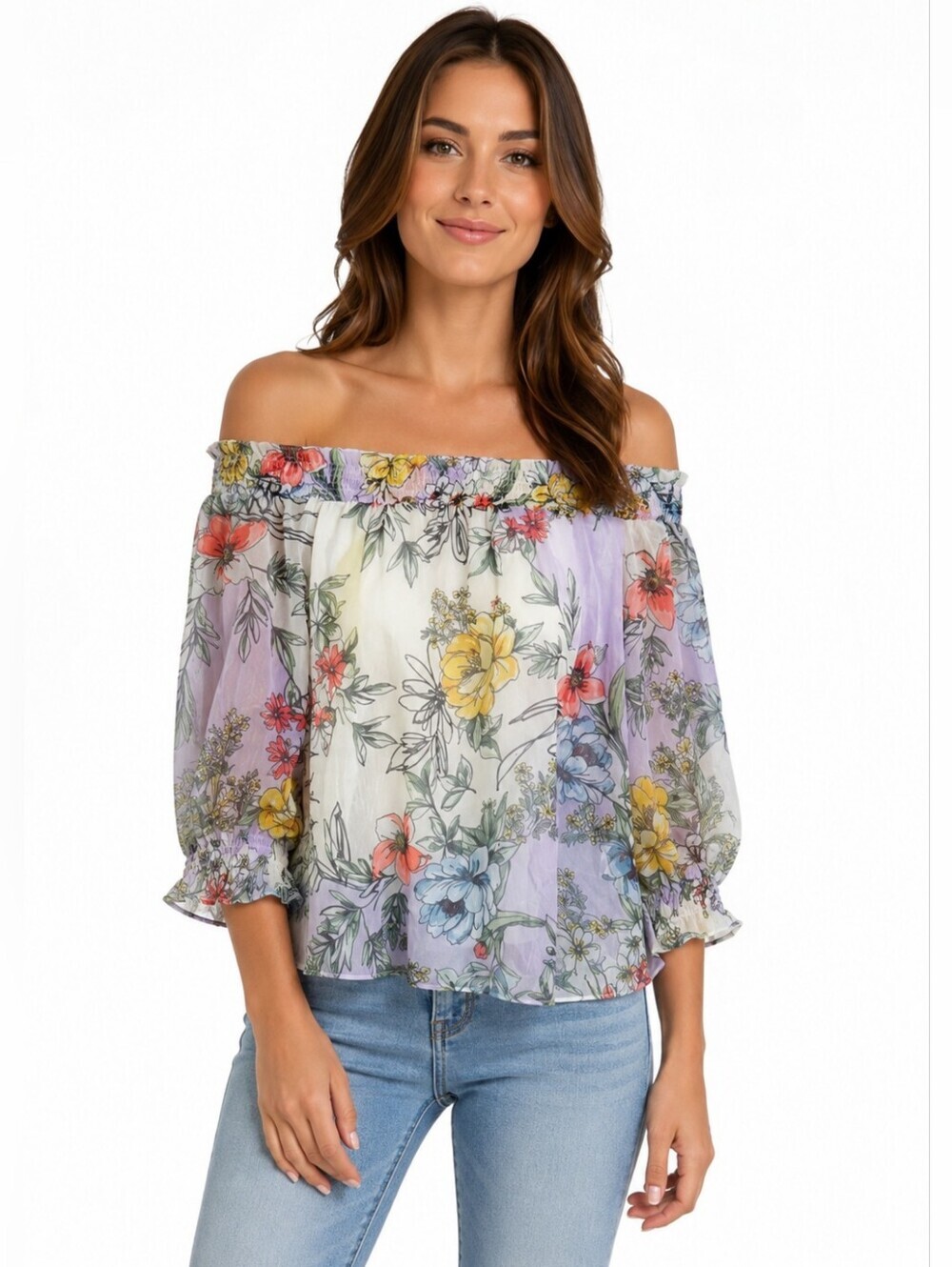 Italian Off-The-Shoulder  Sheer Floral Blouse, S